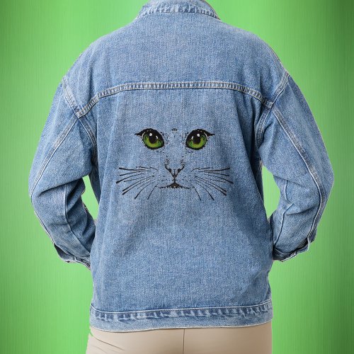 Vivid Green Cat Eyes Nose Whiskers Minimalist Denim Jacket