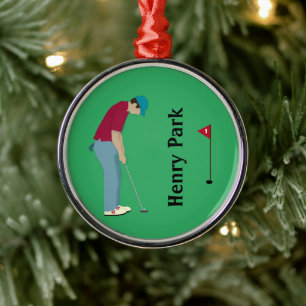 vivid Green Golfer Putting Christmas  Metal Ornament