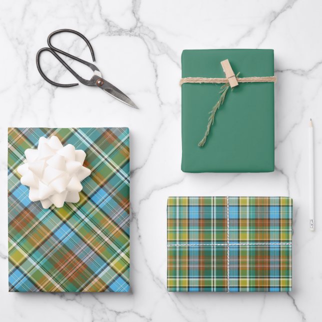 Vivid Green, Yellow, Burnt Orange & Blue Plaid Wrapping Paper Sheets (Front)