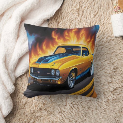 Vivid hot rod racing down a fiery road at dusk throw pillow