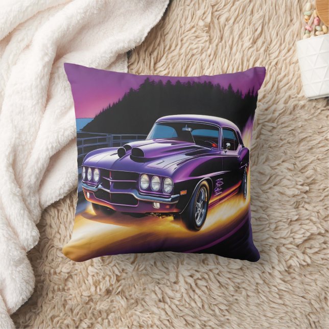 Vivid hotrod cruising along a scenic twilight road throw pillow (Blanket)