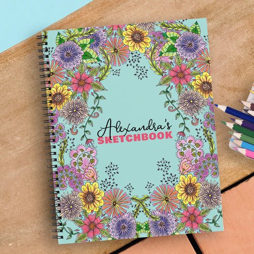 Vivid Intricate Doodle Flowers Custom Sketchbook Notebook
