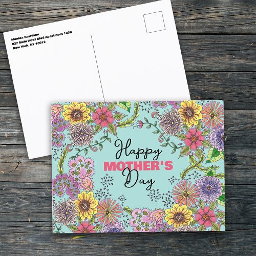 Vivid Intricate Doodle Flowers Mothers Day Postcard