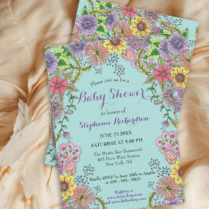 Vivid Intricate Spring Doodle Flowers Baby Shower Invitation