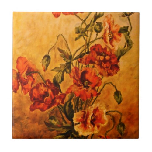 Vivid Late Victorian 1890 Oil Painting of Poppies Tile