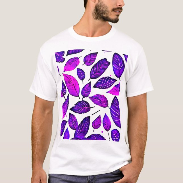 Vivid Leaves Cartoons: Purple Pink & Blue T-Shirt (Front)