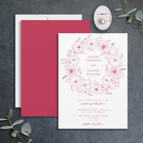 Vivid Magenta Line Art Floral Wreath Wedding Invit Invitation