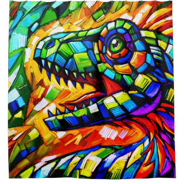 Vivid Mosaic Dinosaur Portrait Shower Curtain (Front)