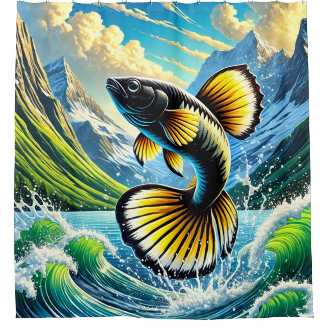 Vivid Mountain Fish Scene Shower Curtain (Front)