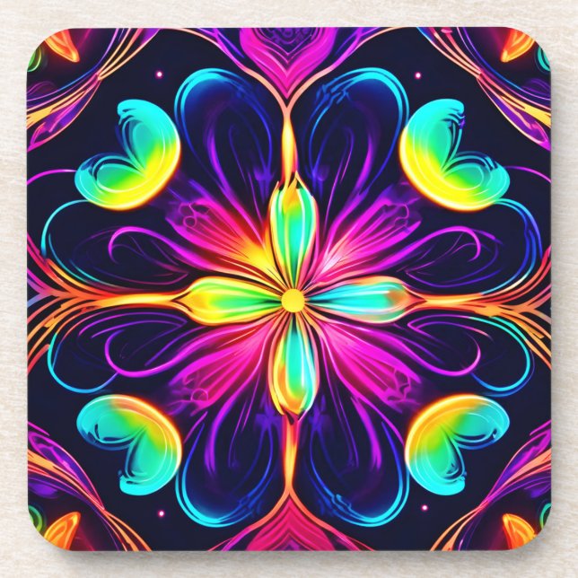 Vivid Neon Floral Mandala Art Beverage Coaster (Front)