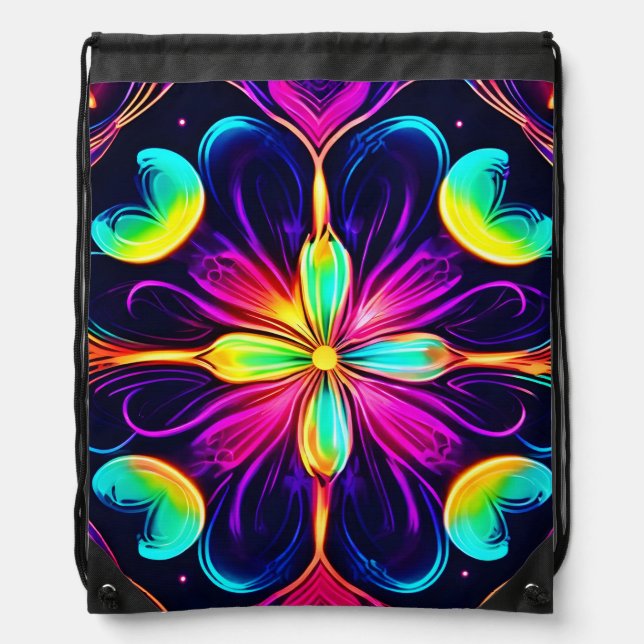 Vivid Neon Floral Mandala Art Drawstring Bag (Front)