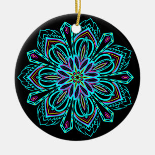 Vivid Neon Geometric Mandala on Black Bauble Ceramic Ornament
