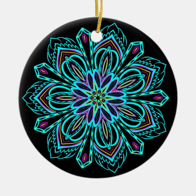 Vivid Neon Geometric Mandala on Black Bauble Ceramic Ornament (Front)