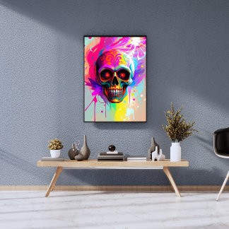Vivid Neon Sugar Skull with Abstract Paint Splashe Photo Print