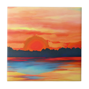 Vivid Ocean Sunset in Fiery Orange Ceramic Tile