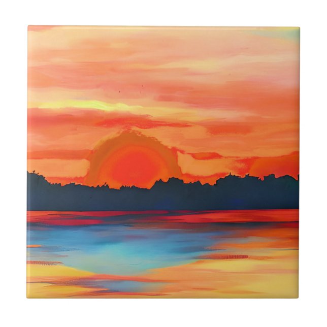 Vivid Ocean Sunset in Fiery Orange Ceramic Tile (Front)