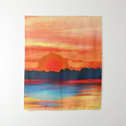 Vivid Ocean Sunset in Fiery Orange Tapestry
