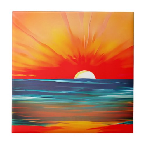 Vivid Ocean Sunset in Orange and Blue Ceramic Tile