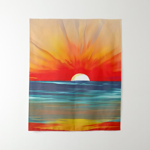 Vivid Ocean Sunset in Orange and Blue Tapestry