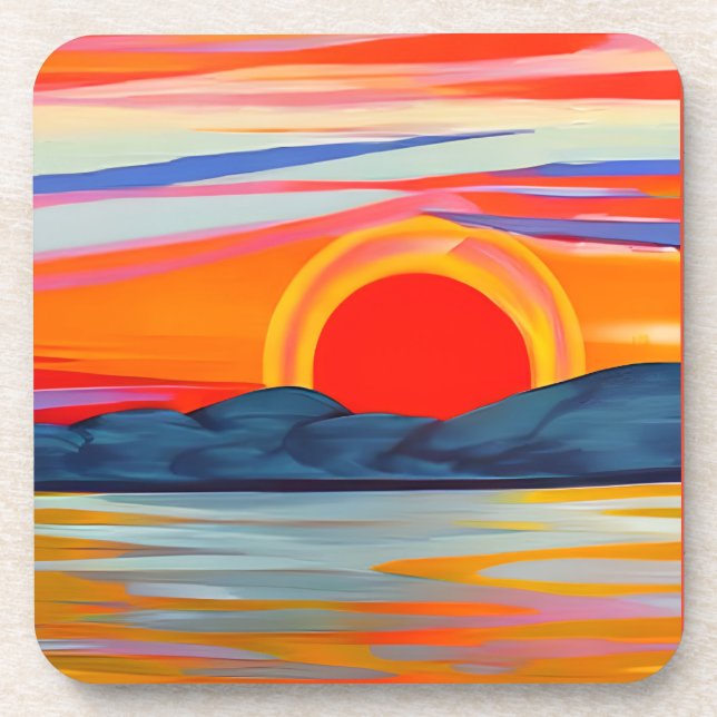 Vivid Ocean Sunset Over Mountains Beverage Coaster (Front)