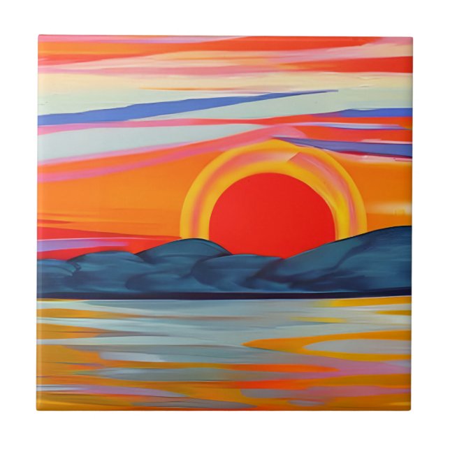 Vivid Ocean Sunset Over Mountains Ceramic Tile (Front)