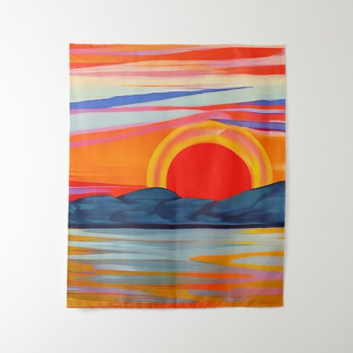 Vivid Ocean Sunset Over Mountains Tapestry