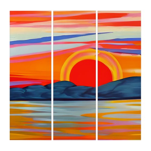 Vivid Ocean Sunset Over Mountains Triptych