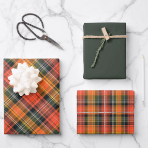 Vivid Orange, Green & Gold Plaid  Wrapping Paper Sheets