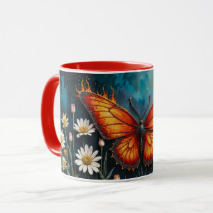 Vivid orange insect butterfly chamomile flowers mug
