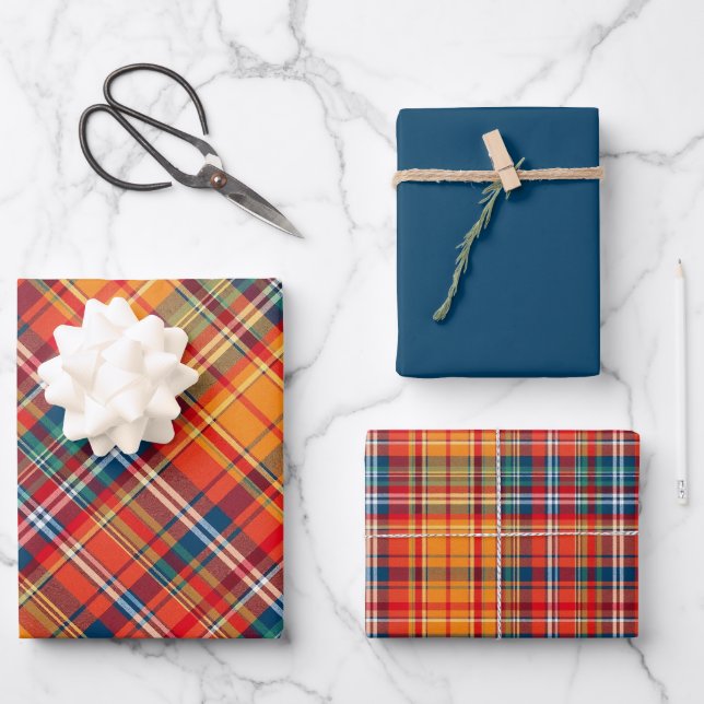 Vivid Orange, Red & Blue Plaid Wrapping Paper Sheets (Front)
