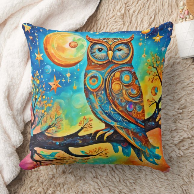 Vivid Owl Celestials: Wonder and Magic Throw Pillow (Blanket)