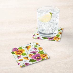 Vivid pansy flowers square paper coaster