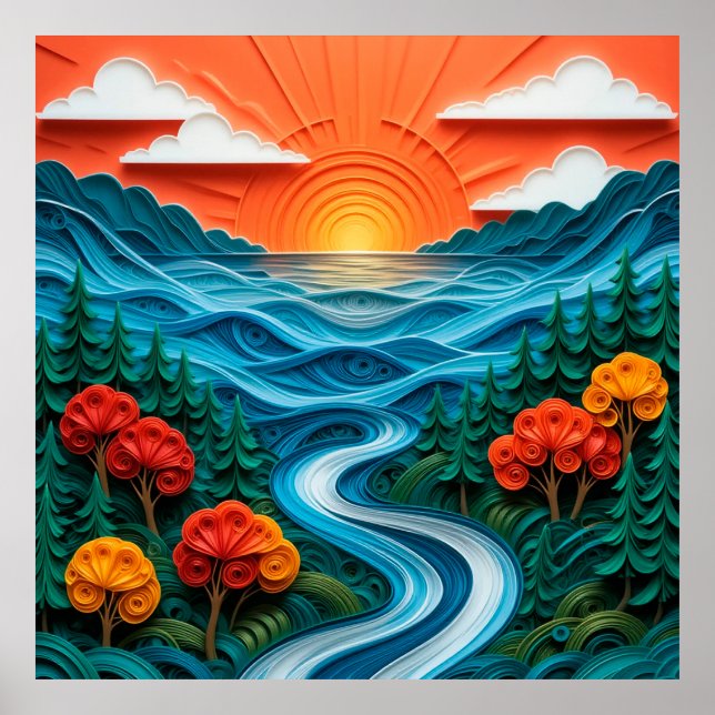 Vivid Paper Art Depicting a Serene Sunset Poster (Front)
