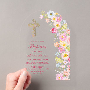 Vivid Pastel Flowers Arch Baptism Acrylic Invitations