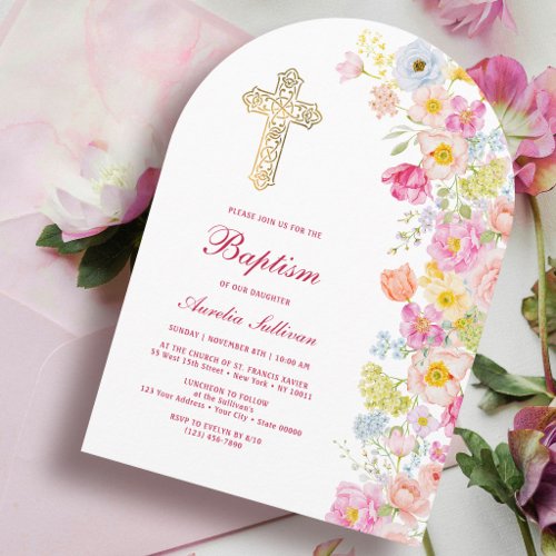 Vivid Pastel Flowers Arch Baptism Invitation