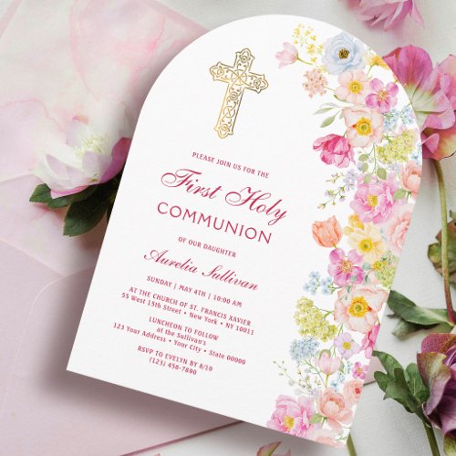 Vivid Pastel Flowers Arch First Communion Invitation