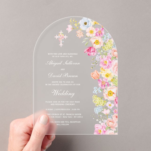 Vivid Pastel Flowers Arch Wedding Acrylic Invitations (Insitu (Handheld))