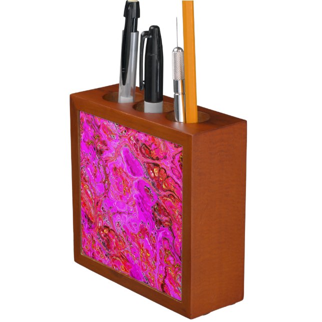 Vivid Pink and Magenta Marble Swirl Desk Organizer (In Situ)