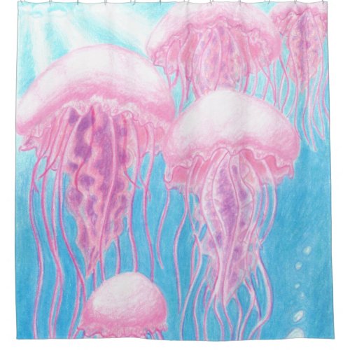 Vivid Pink  Blue Impressionist Jellyfish Shower Curtain