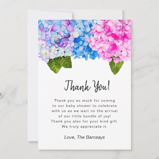 Vivid Pink Blue Watercolor Floral Baby Shower Thank You Card