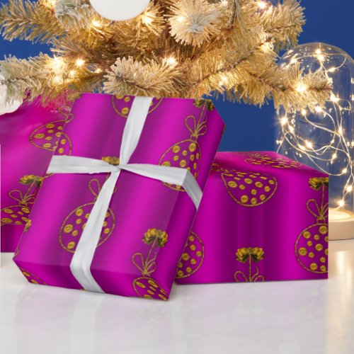 Vivid Pink Christmas with Golden Baubles Festive  Wrapping Paper