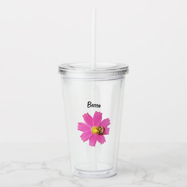 Vivid Pink Cosmos Flower with a Bee Personalized Acrylic Tumbler (Front)