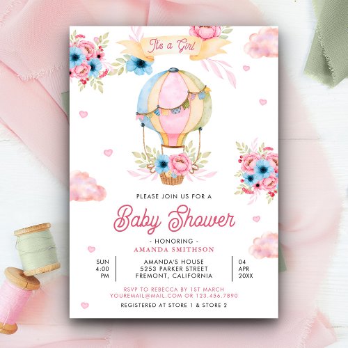 Vivid Pink Floral Hot Air Balloon Girl Baby Shower Invitation