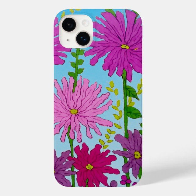 Vivid Pink Flower Drawing on Blue Case-Mate iPhone Case (Back)