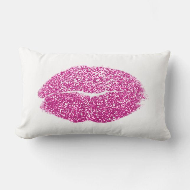 Vivid Pink Lips Glitter White Makeup Kiss Lumbar Pillow (Front)