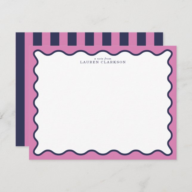 vivid Pink & Navy Wavy Border Note Card (Front/Back)