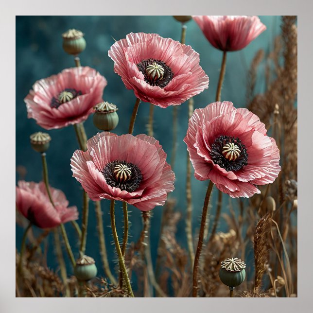 Vivid Pink Poppies Blooming Poster (Front)