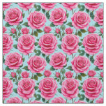Vivid Pink Roses Patterned Against a Clear Sky Fabric