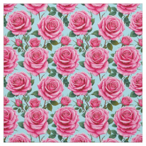 Vivid Pink Roses Patterned Against a Clear Sky Fabric