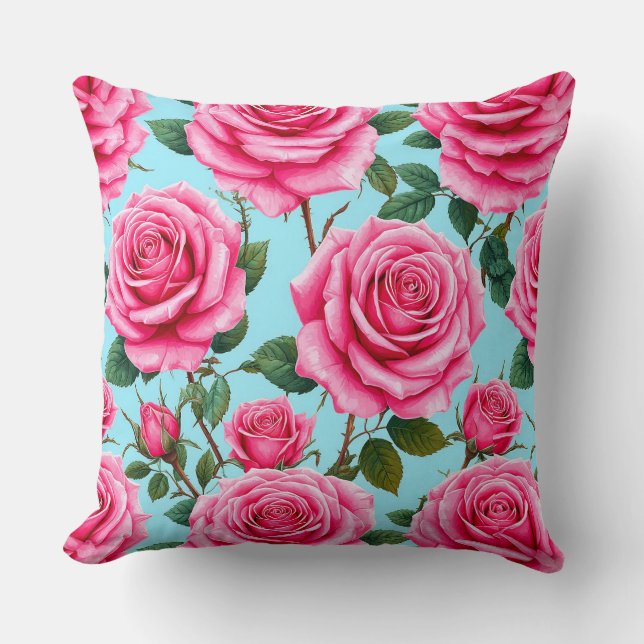 Vivid Pink Roses Patterned Against Throw Pillow (Front)